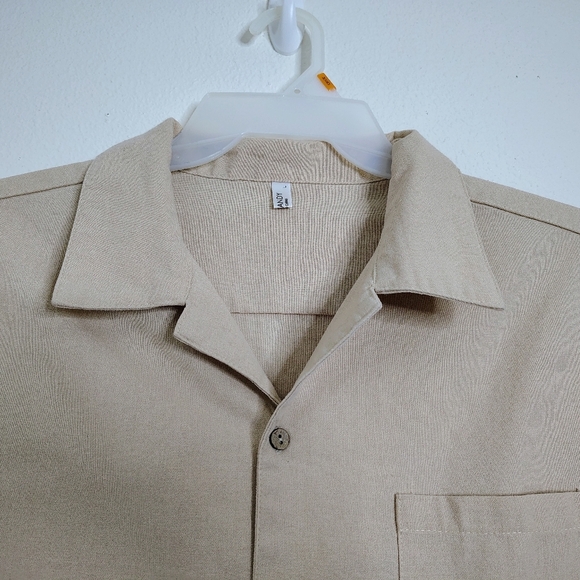 Coofandy Men's Beige Short Sleeve Shirt Linen Blend Sz L Pocket Chest - Picture 2 of 12